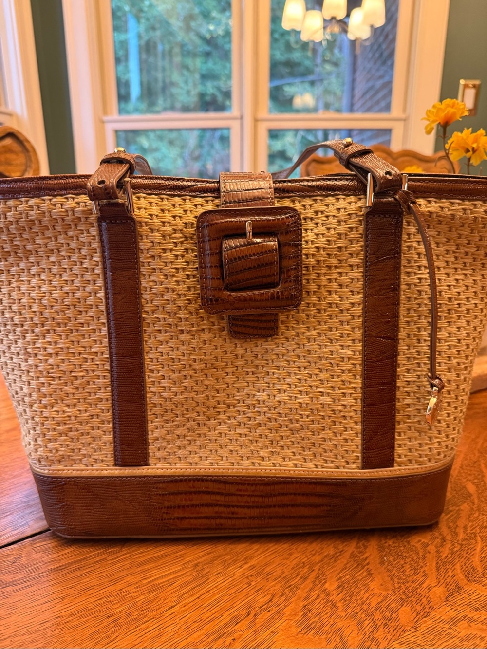 Vintage Brahmin Woven Tote Bag with Brown Trim